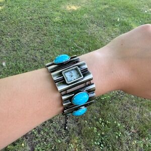 Geneva Cuff Watch Womens Silver Turquoise Stone Boho Western Statement